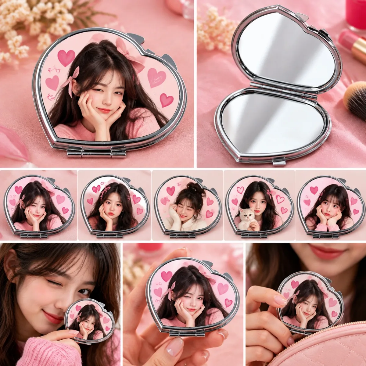 Heart Shape Custom Printing Pocket Mirror | নাম, ছবি ও লোগো প্রিন্ট Personalized Foldable Mirror Gift – Print Zone BD